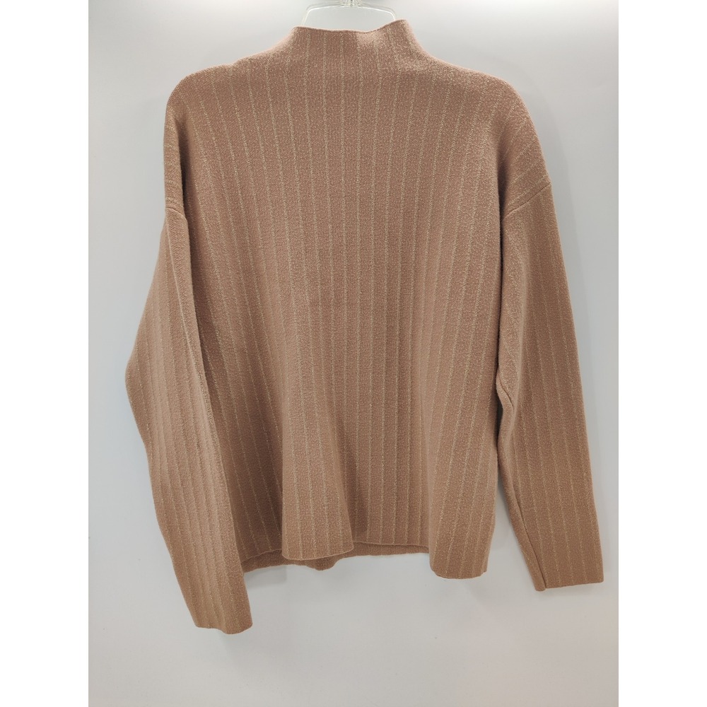 Tahari Womens Mock Neck Sweater Tan Gold Metallic Pinstripe Knit Small Long Slee